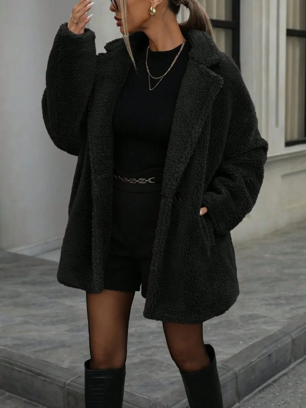 Black Casual Women's Teddy Fleece Long Sleeve Double-Breasted Pocket Jacket